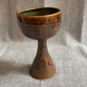 Pottery Chalice Goblet Green and Brown Hand Thrown Studio Art Pottery 6.75” Wine